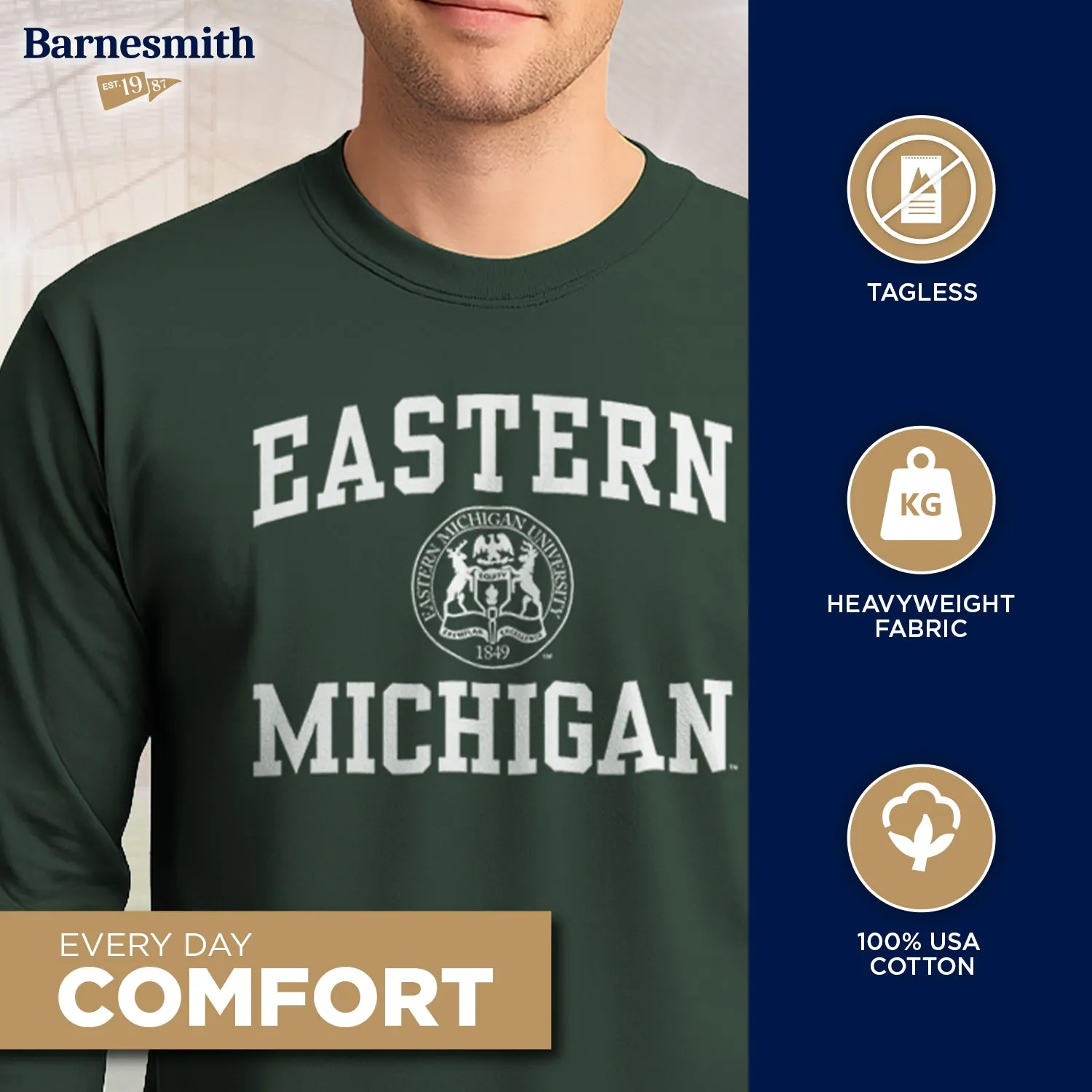 Eastern Michigan University Heritage Long Sleeve T-Shirt (Hunter Green) sold by Barnesmith product image thumbnail 3