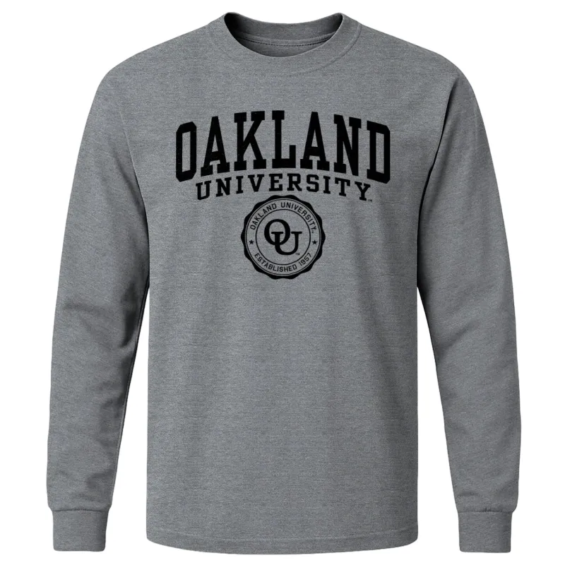 Oakland University Heritage Long Sleeve T-Shirt (Charcoal Grey) sold by Barnesmith