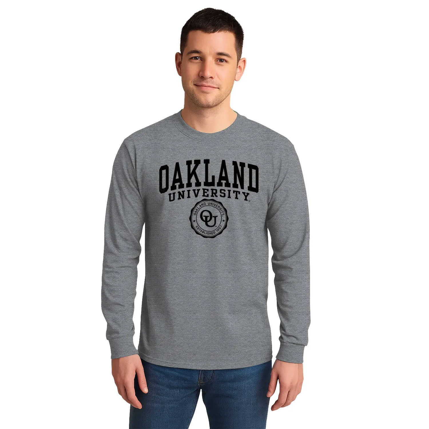 Oakland University Heritage Long Sleeve T-Shirt (Charcoal Grey) sold by Barnesmith product image thumbnail 2