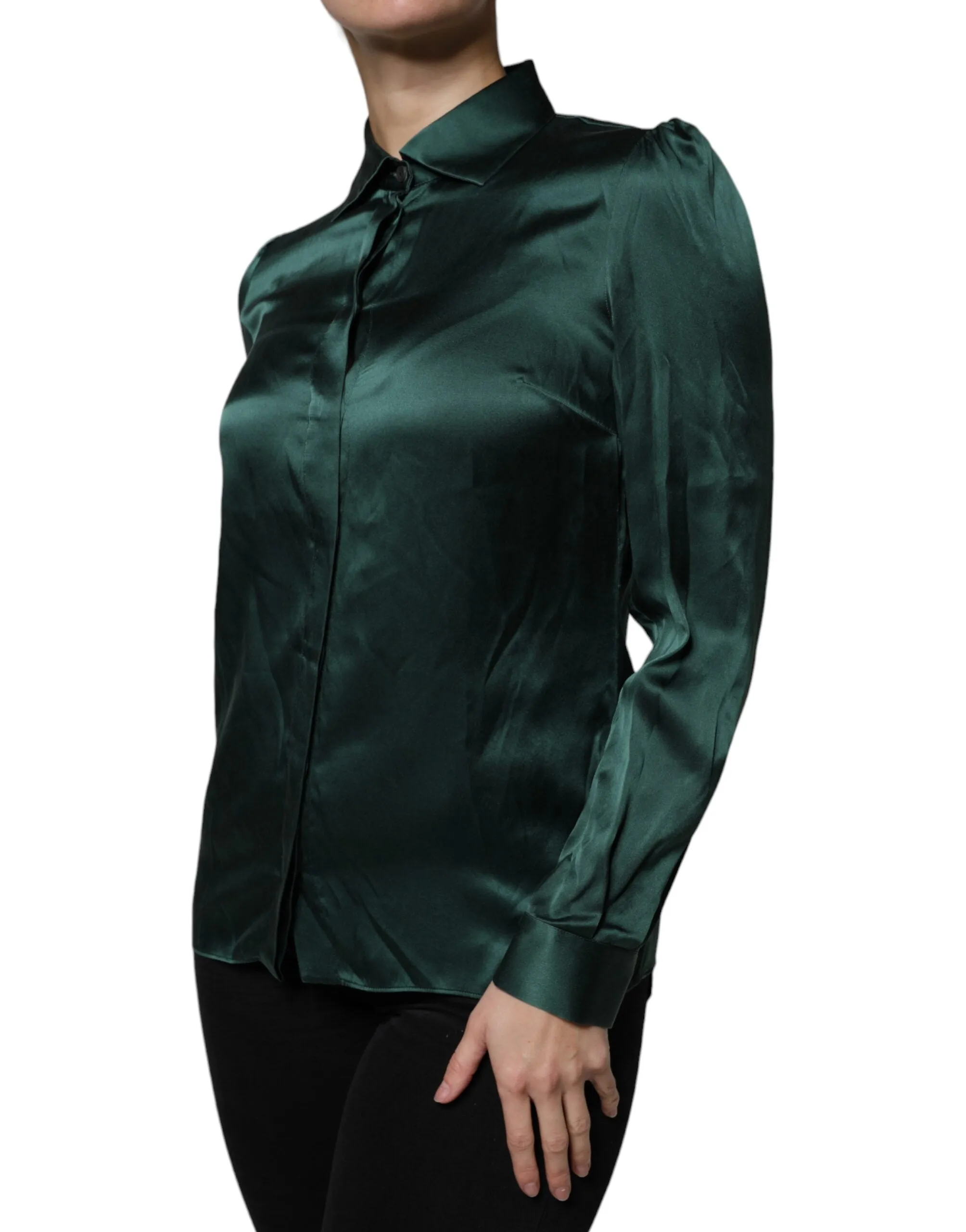 Dolce & Gabbana Dark Green Silk Button Down Long Sleeves Blouse Top sold by Siebentaschen product image thumbnail 3