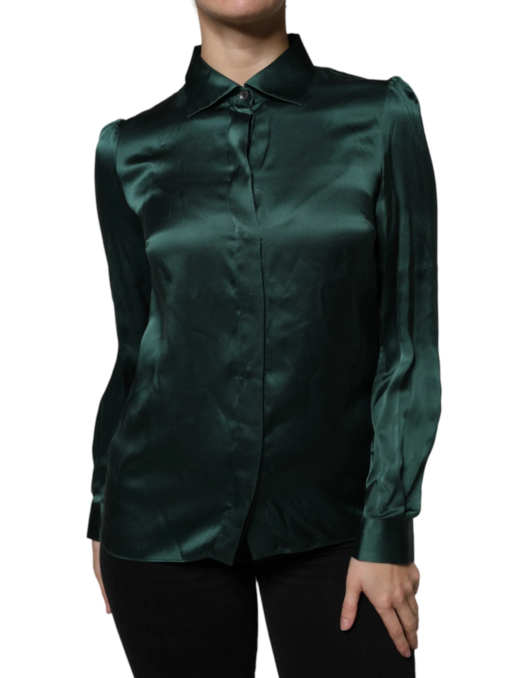 Dolce & Gabbana Dark Green Silk Button Down Long Sleeves Blouse Top sold by Siebentaschen product image thumbnail 2