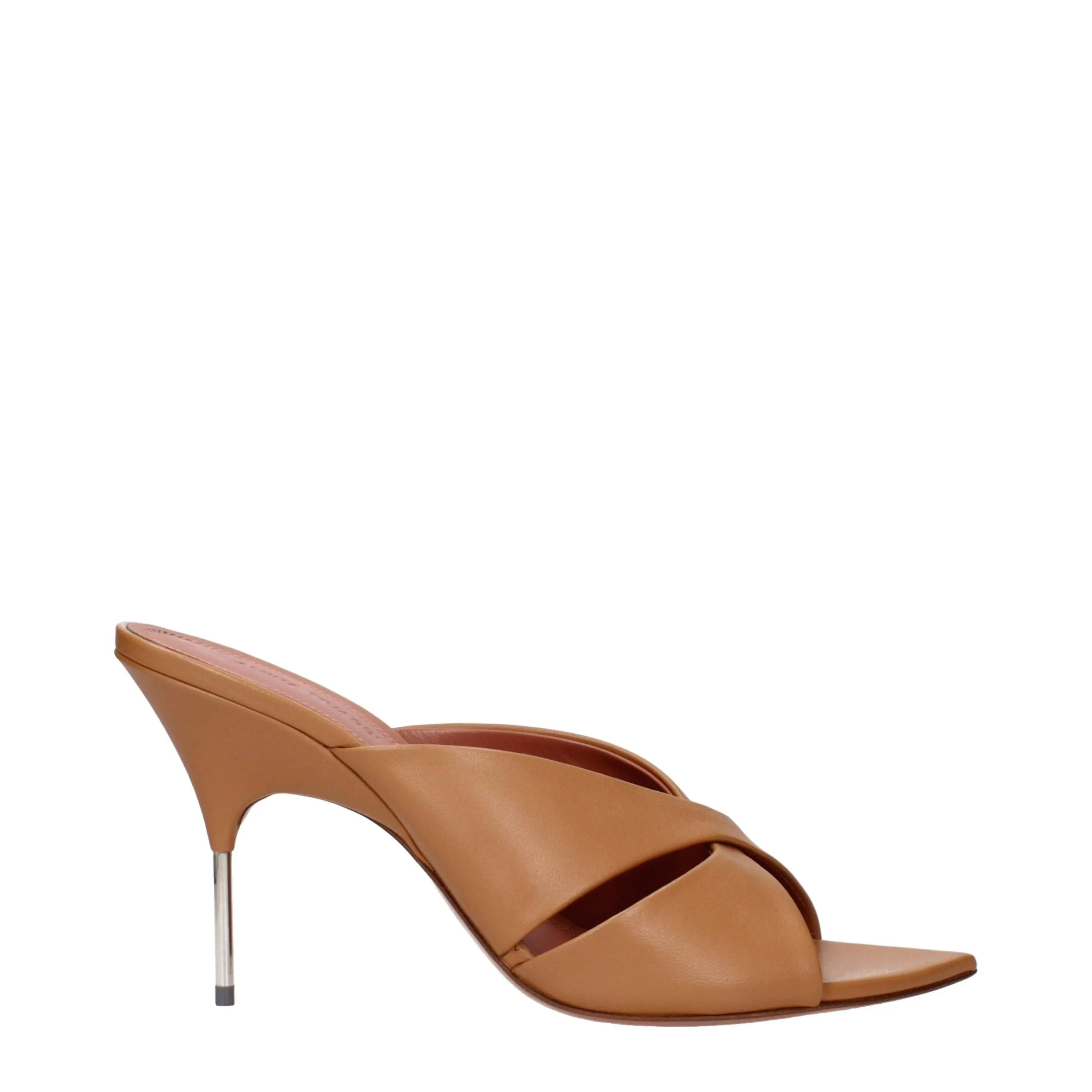 Amina Muaddi Brown Leather Stiletto Heel Sandals sold by Siebentaschen