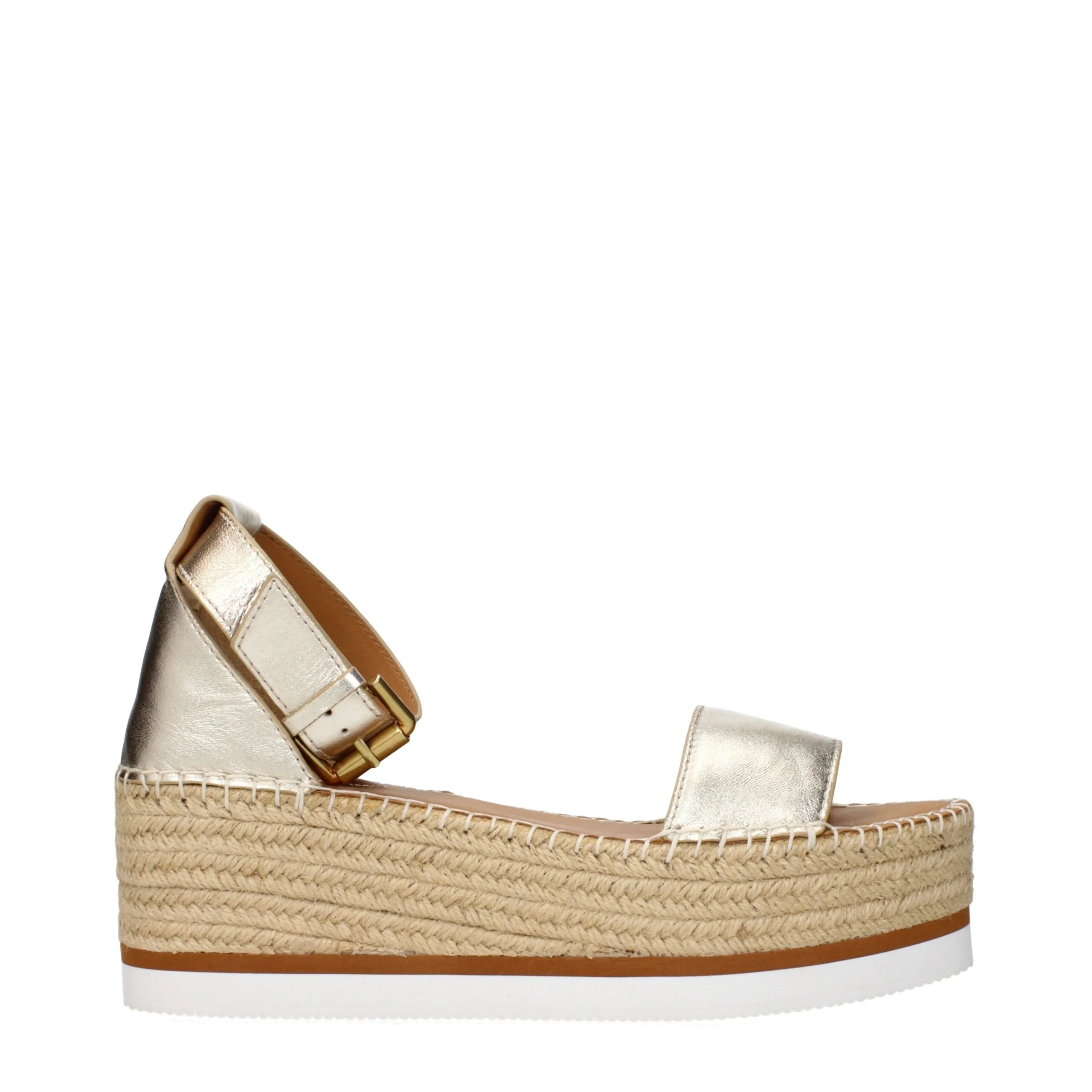 See By Chloé Gold Leather Wedge Sandals sold by Siebentaschen