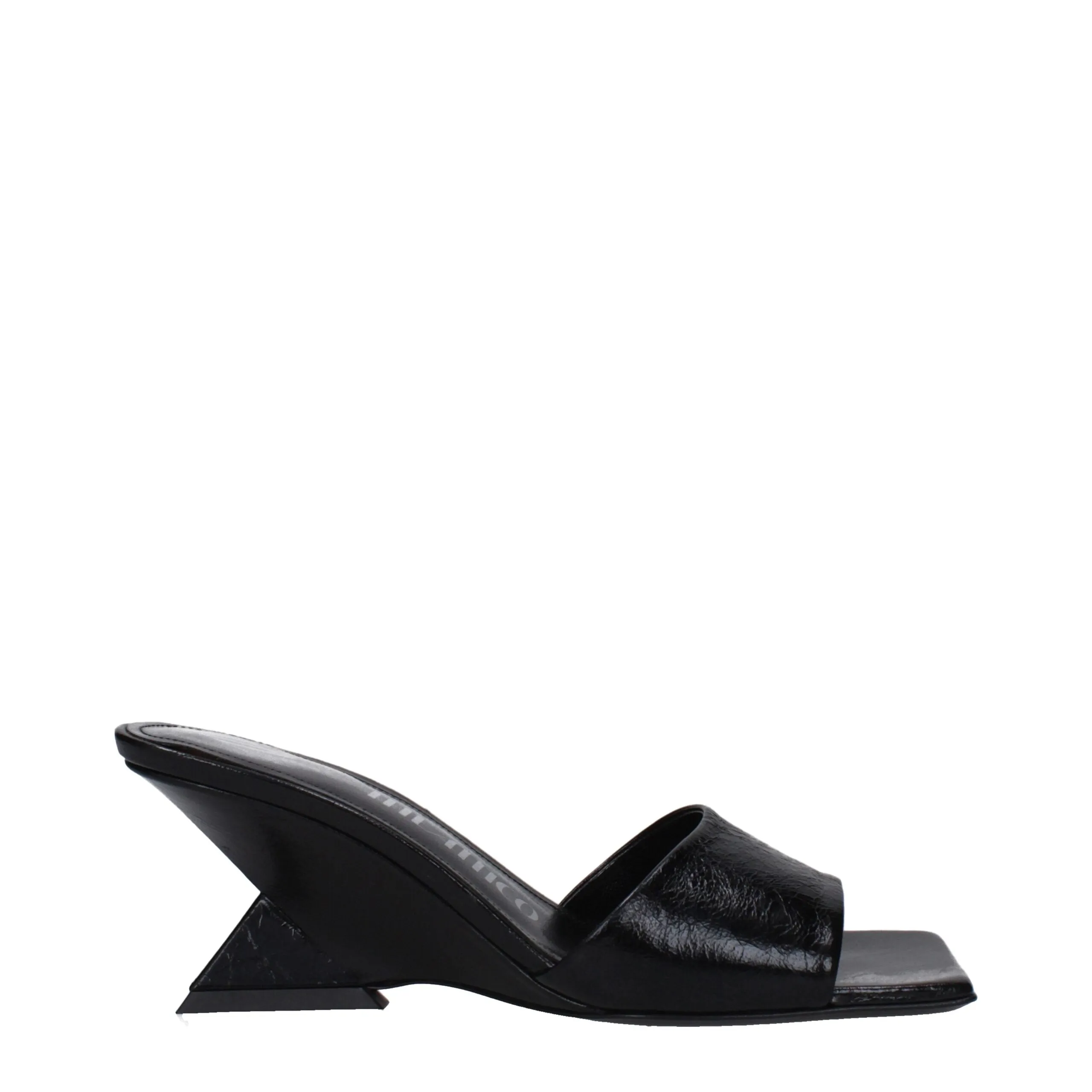 The Attico Black Leather Flat Sandals sold by Siebentaschen