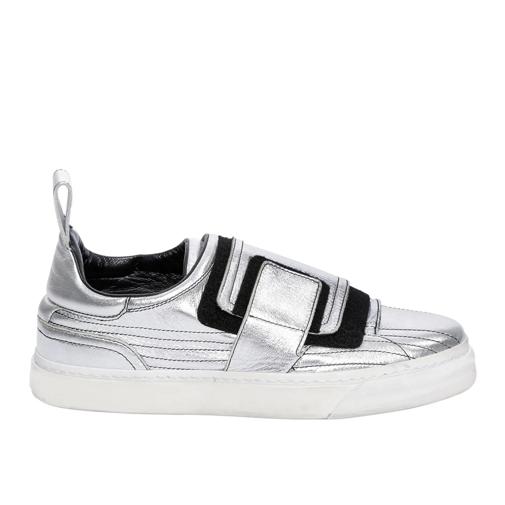 Paco Rabbane Crackled Metallic Leather Sneakers sold by Siebentaschen