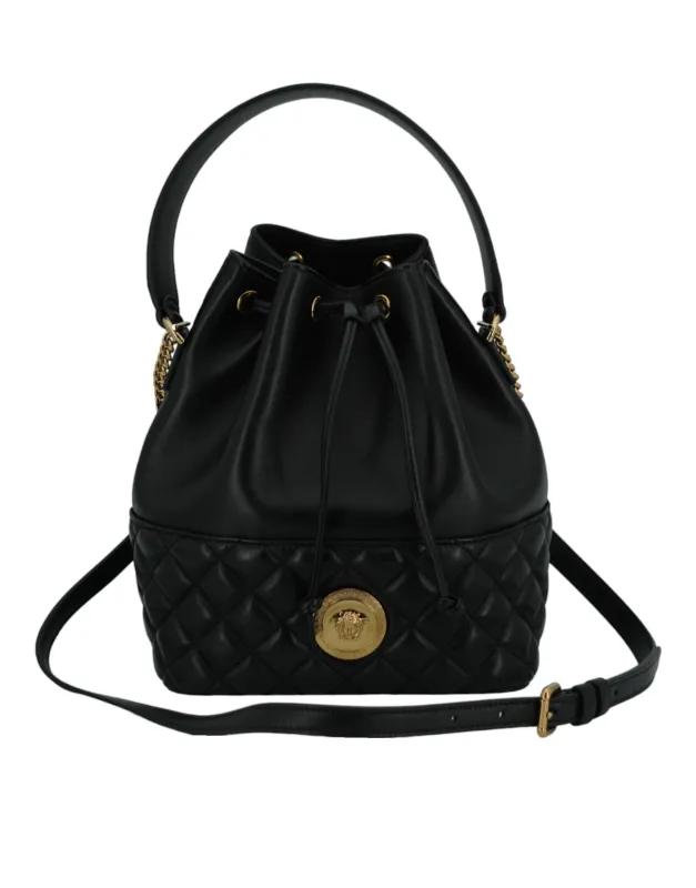 Versace Elegant Black Leather Medusa Bucket Shoulder Bag sold by Siebentaschen