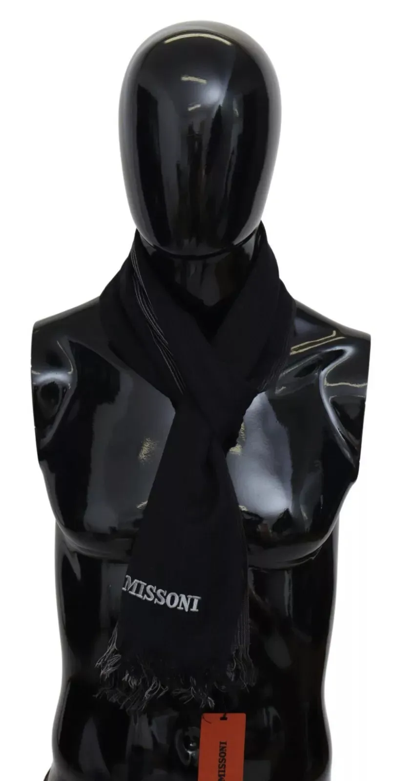 M Missoni Black Striped Wool Unisex Neck Wrap Fringes Logo Scarf sold by Siebentaschen product image thumbnail 4