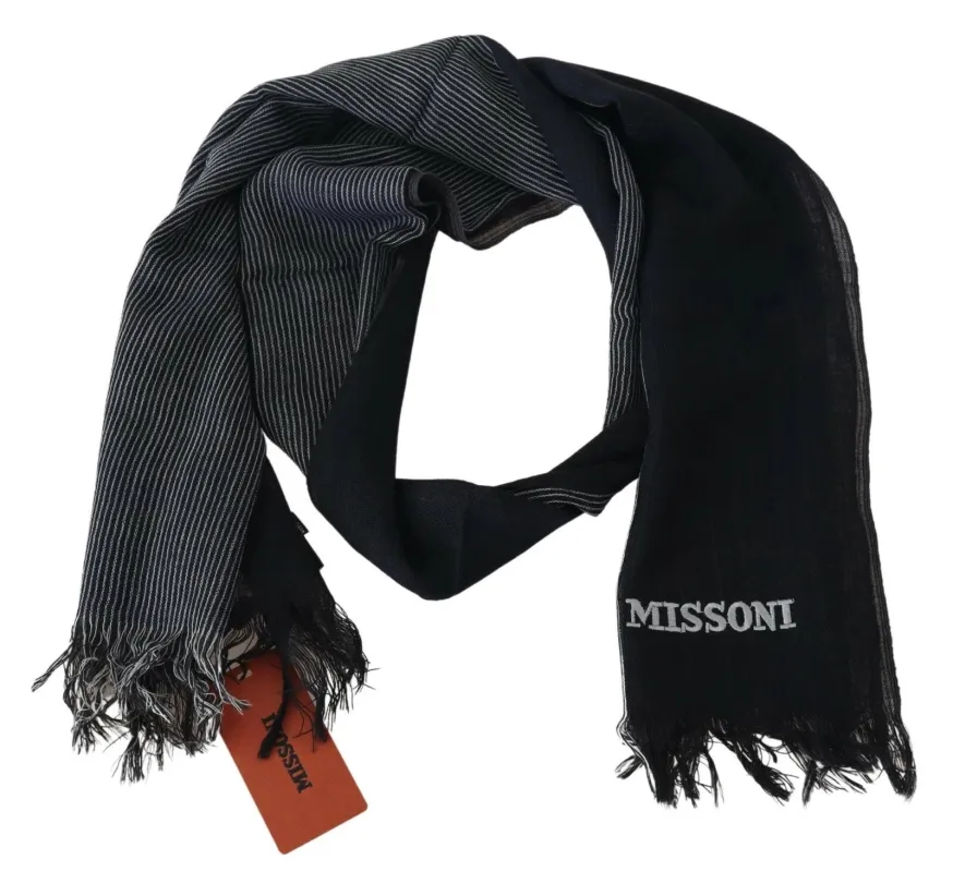 M Missoni Black Striped Wool Unisex Neck Wrap Fringes Logo Scarf sold by Siebentaschen