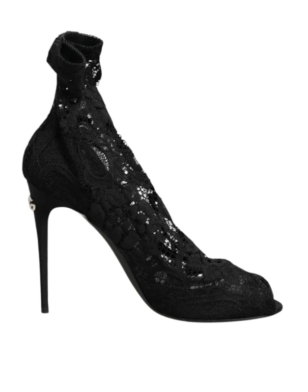 Dolce & Gabbana Black Stretch Taormina Lace Boots Shoes sold by Siebentaschen