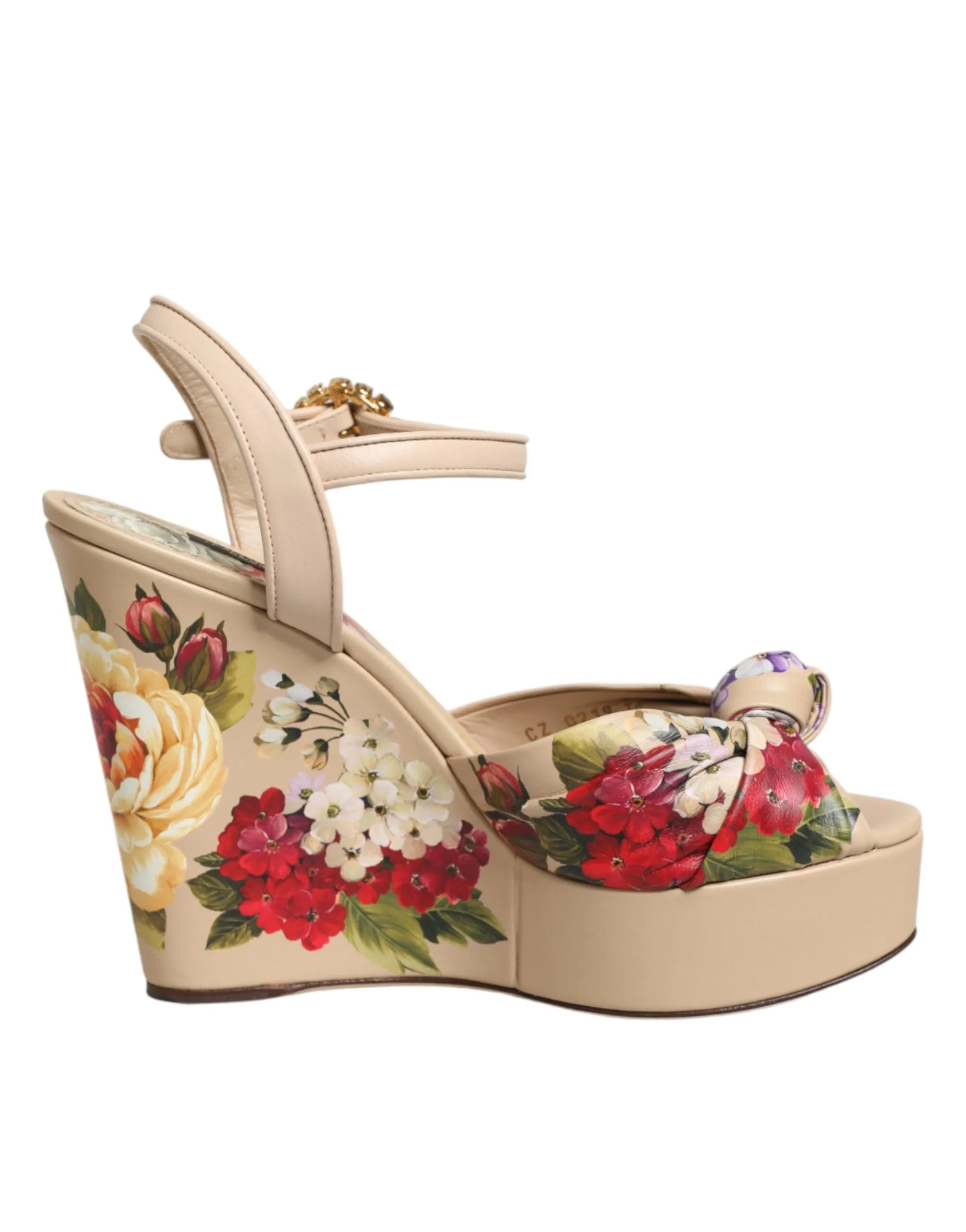 Dolce & Gabbana Beige Floral Ankle Strap Wedge Sandals Shoes sold by Siebentaschen