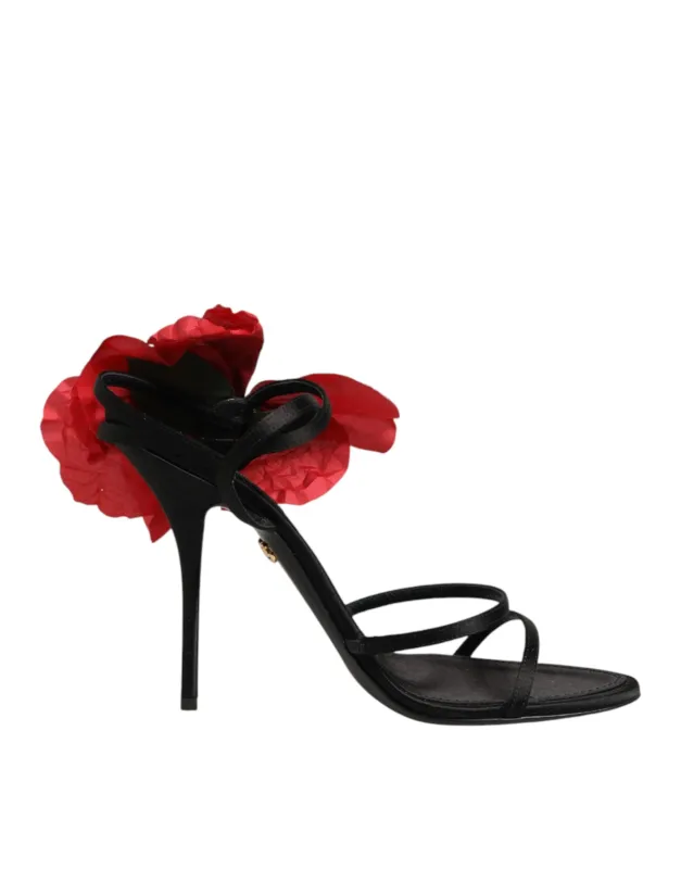 Dolce & Gabbana Black Leather Strappy Flower Heels Sandals Shoes sold by Siebentaschen