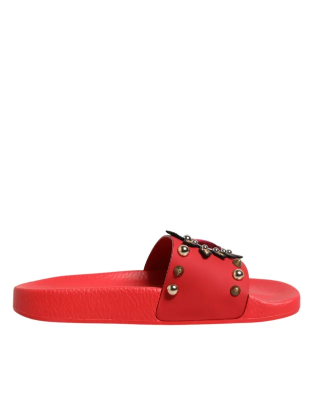 Dolce & Gabbana Red Sacred Heart Stud Slides Beachwear Shoes sold by Siebentaschen