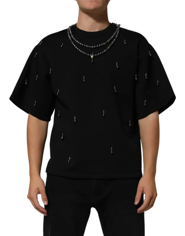 Dolce & Gabbana Black Polyester Necklace Embellished T-shirt sold by Siebentaschen