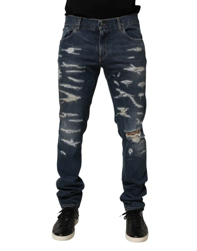 Dolce & Gabbana Blue Tattered Cotton Skinny Men Denim Jeans made by Siebentaschen