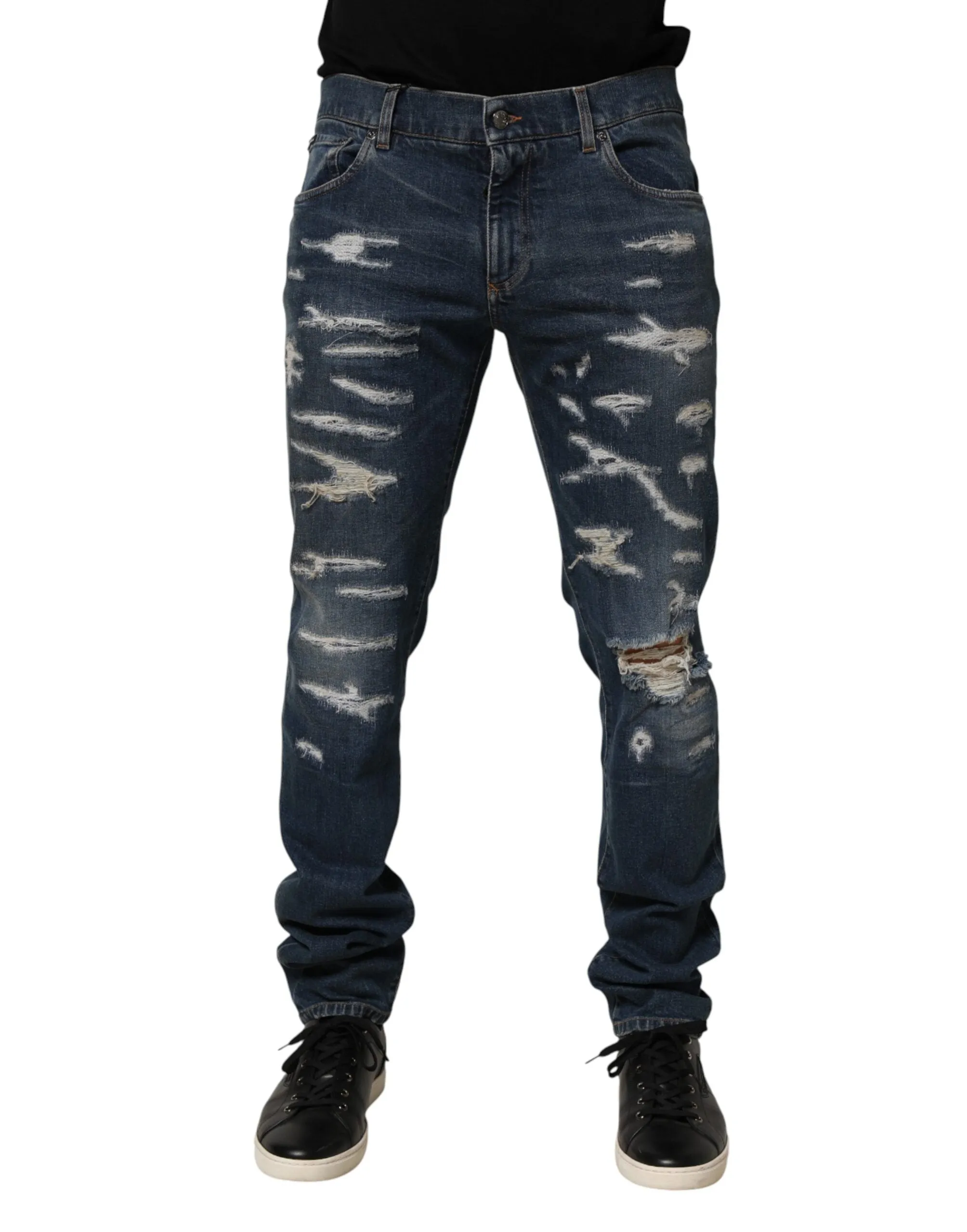 Dolce & Gabbana Blue Tattered Cotton Skinny Men Denim Jeans sold by Siebentaschen