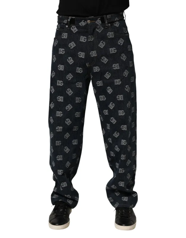 Dolce & Gabbana Blue Logo Print Straight Denim Men Jeans sold by Siebentaschen