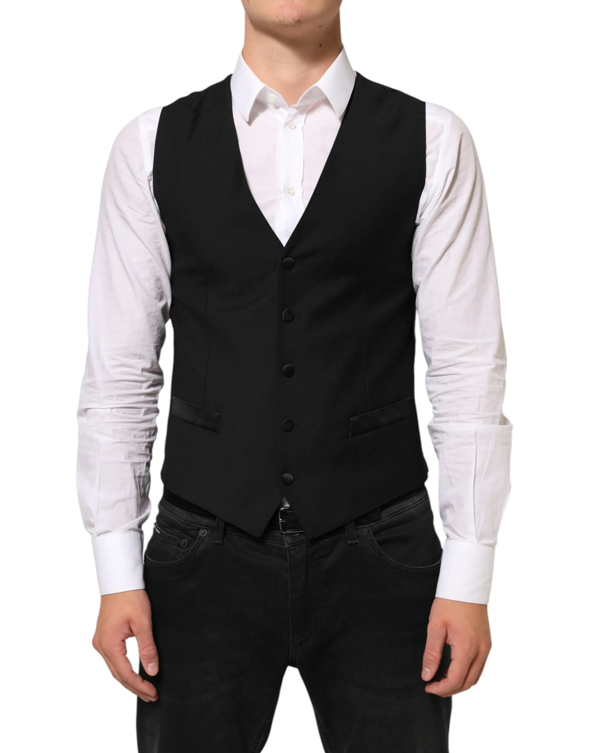 Dolce & Gabbana Black Wool Dress Formal Men Waistcoat Vest sold by Siebentaschen