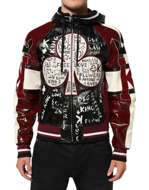 Dolce & Gabbana Multicolor Hooded Leather DG King Men Biker Jacket sold by Siebentaschen