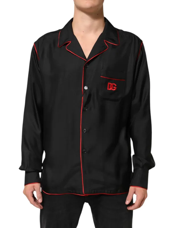 Dolce & Gabbana Black Red Contrast Trim Silk Casual Shirt sold by Siebentaschen