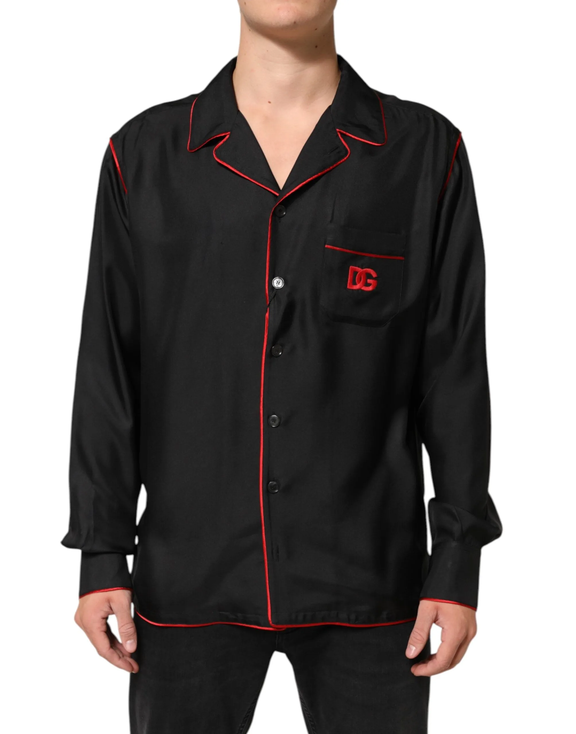 Dolce & Gabbana Black Red Contrast Trim Silk Casual Shirt sold by Siebentaschen product image thumbnail 2