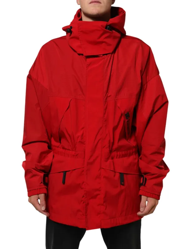 Dolce & Gabbana Red Nylon Hooded Men Full Zip Parka Jacket sold by Siebentaschen
