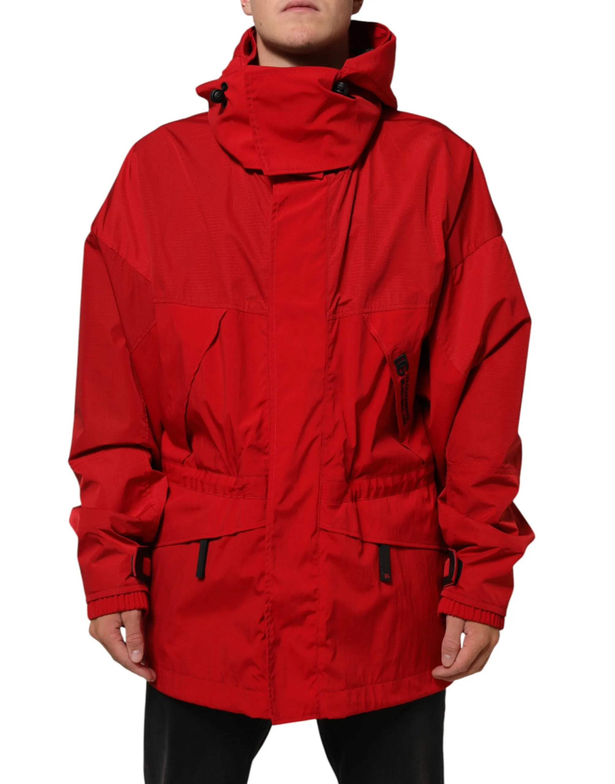 Dolce & Gabbana Red Nylon Hooded Men Full Zip Parka Jacket sold by Siebentaschen