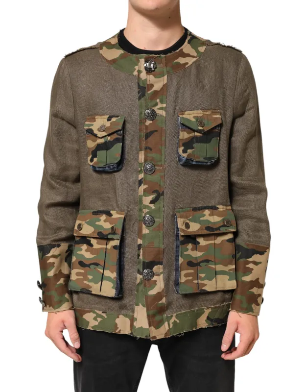 Dolce & Gabbana Brown Camouflage Linen Button Down Jacket sold by Siebentaschen