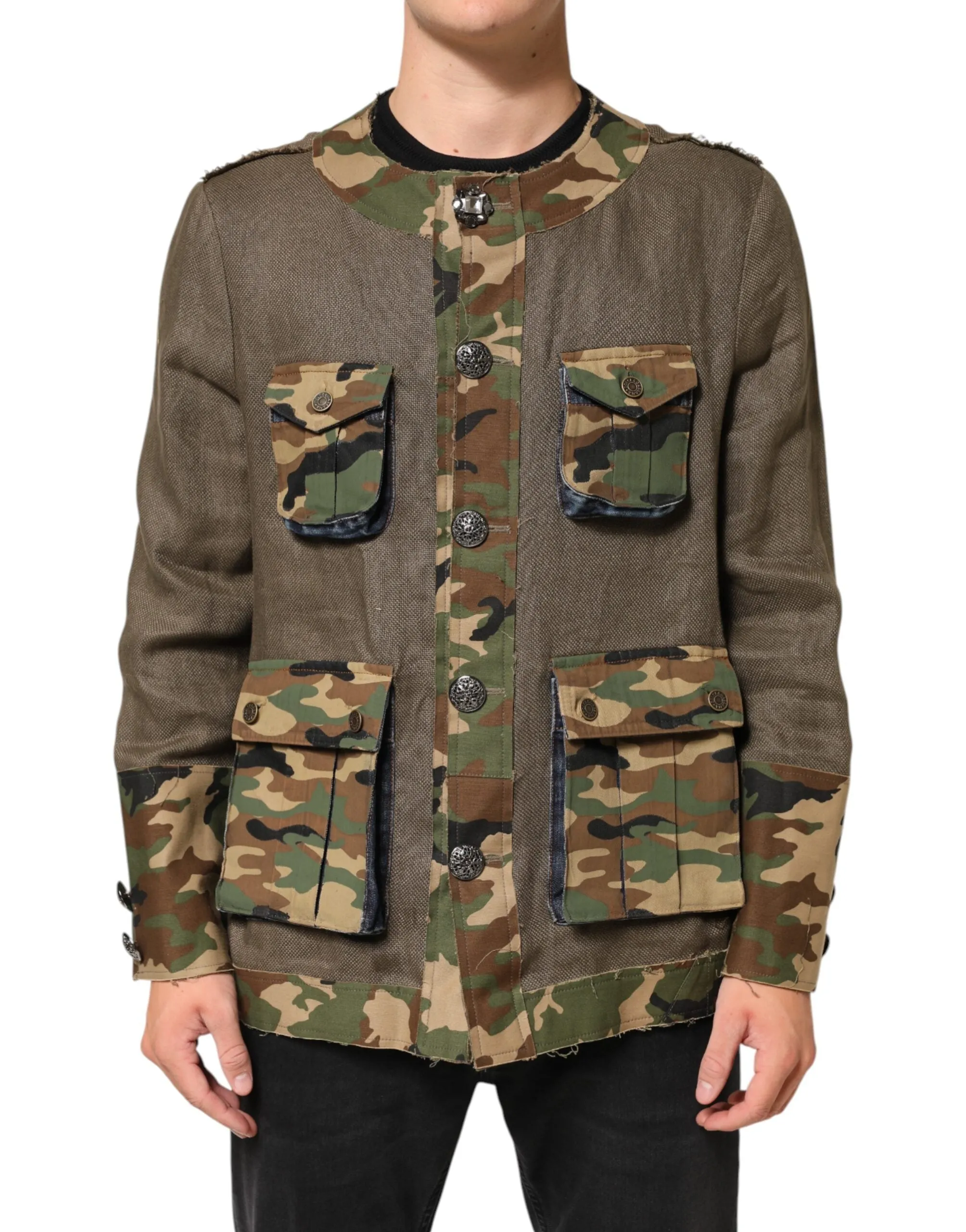 Dolce & Gabbana Brown Camouflage Linen Button Down Jacket sold by Siebentaschen