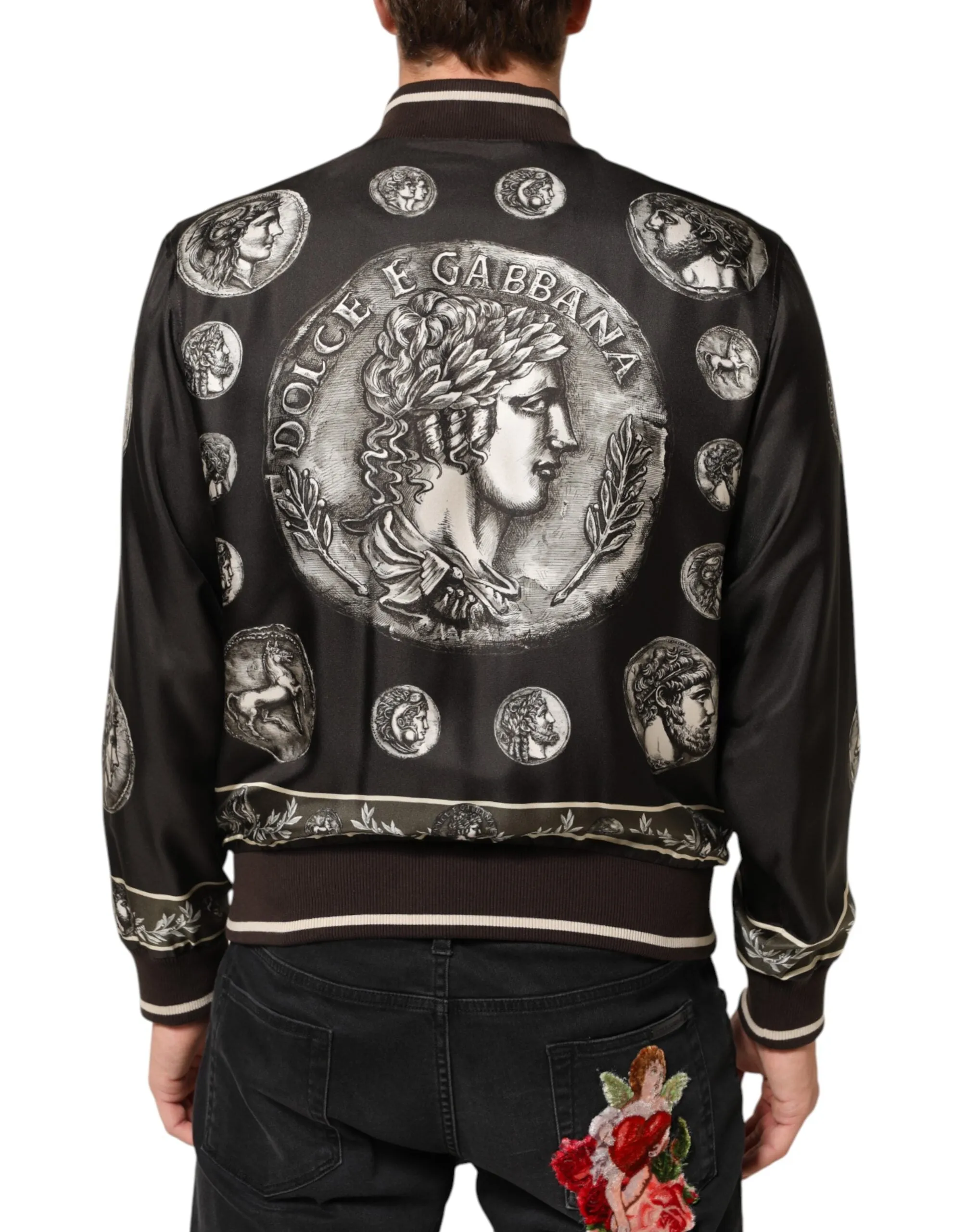Dolce & Gabbana Black "Monete" Coin Print Silk Bomber Jacket sold by Siebentaschen product image thumbnail 4