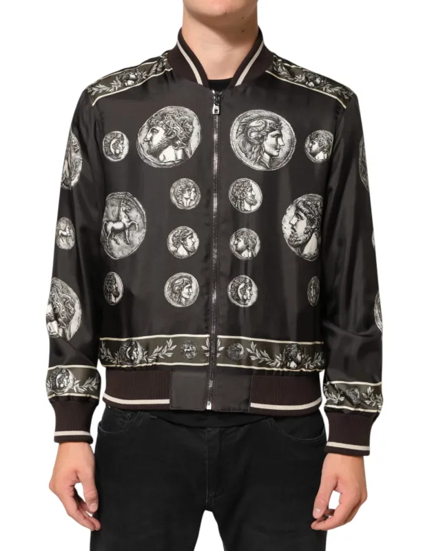Dolce & Gabbana Black "Monete" Coin Print Silk Bomber Jacket sold by Siebentaschen