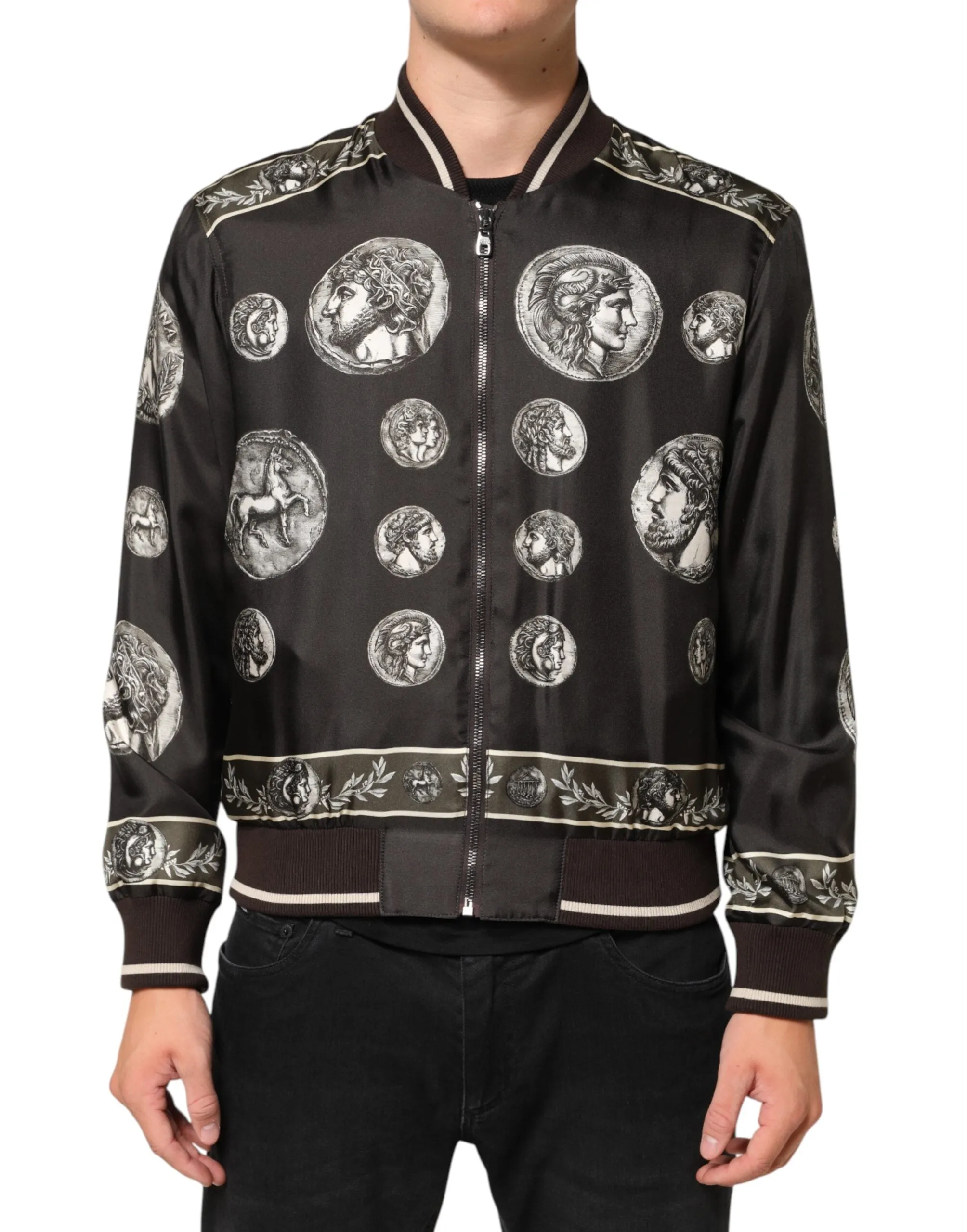 Dolce & Gabbana Black "Monete" Coin Print Silk Bomber Jacket sold by Siebentaschen