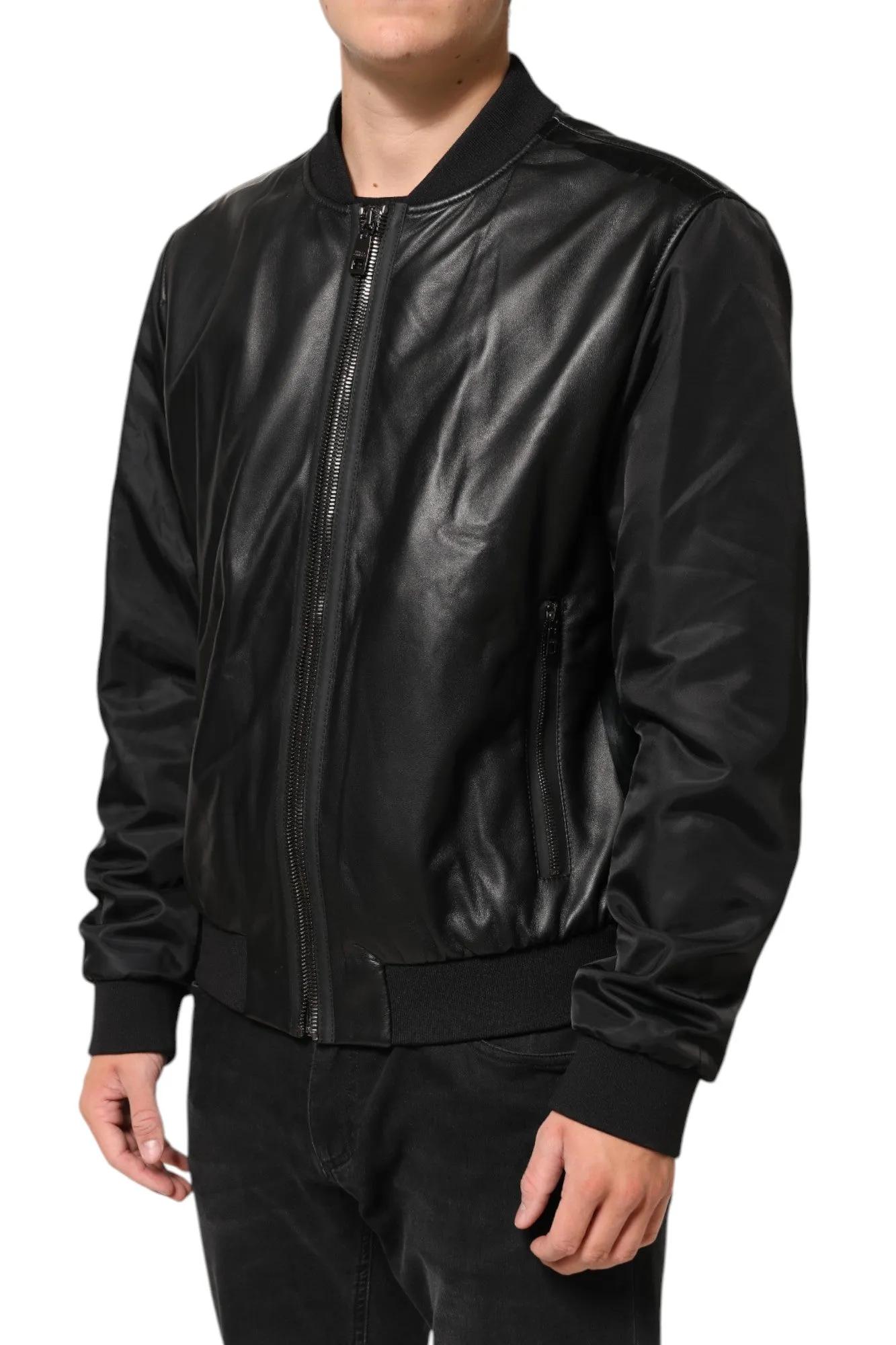 Dolce & Gabbana Black Leather Nylon FullZip Blouson Jacket sold by Siebentaschen product image thumbnail 3