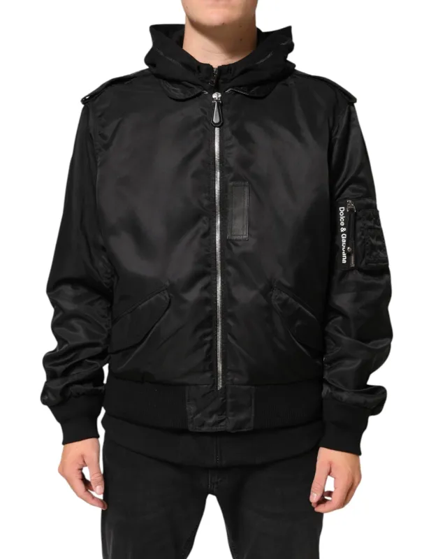 Dolce & Gabbana Black Cotton Hooded Full Zip Bomber Jacket sold by Siebentaschen