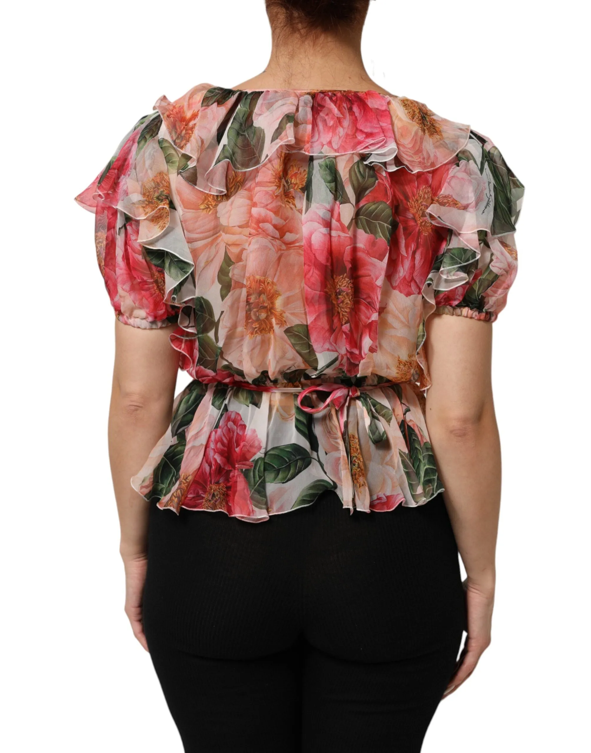 Dolce & Gabbana Pink Camellias Printed Silk V-neck Blouse Top sold by Siebentaschen product image thumbnail 4