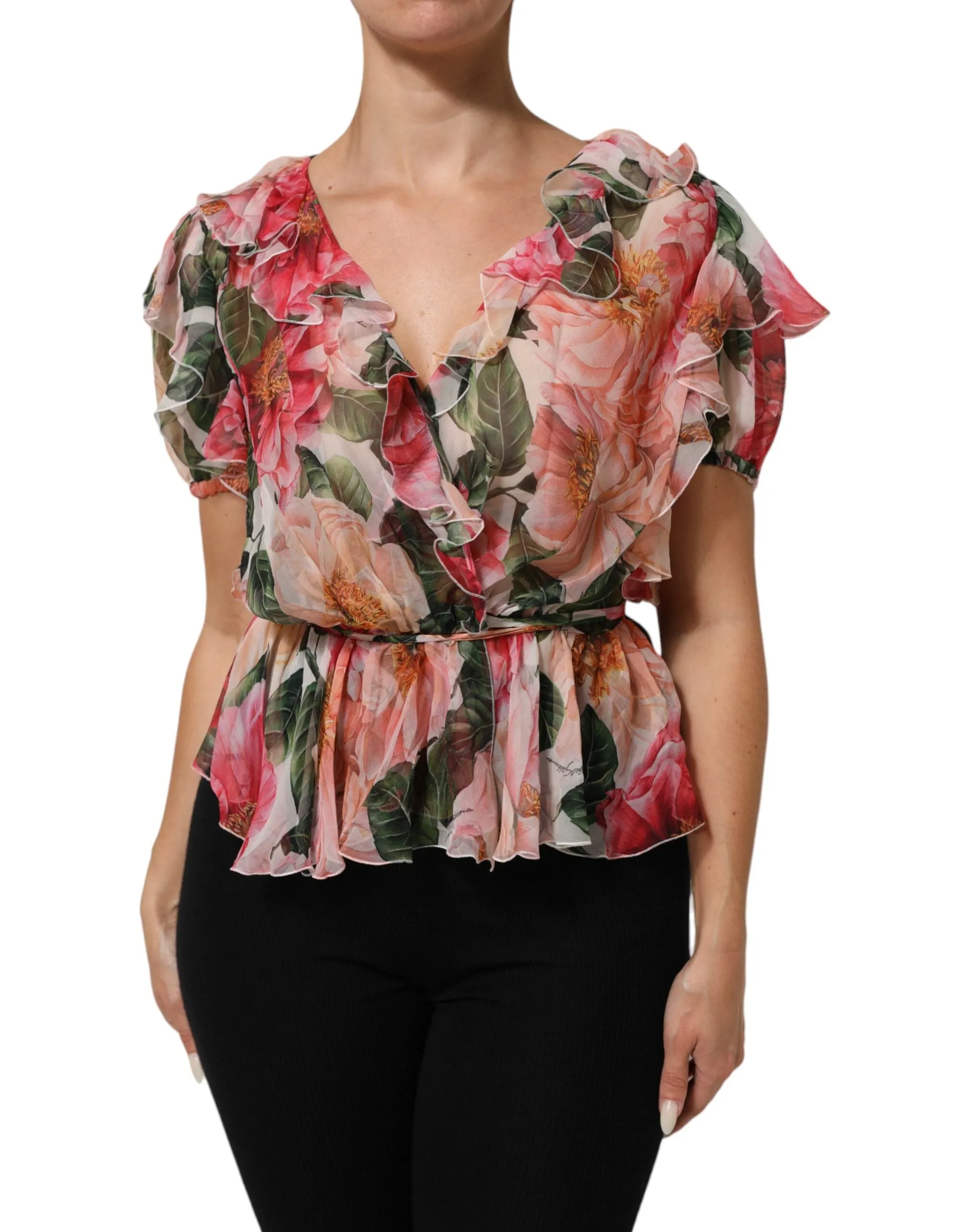 Dolce & Gabbana Pink Camellias Printed Silk V-neck Blouse Top sold by Siebentaschen product image thumbnail 2
