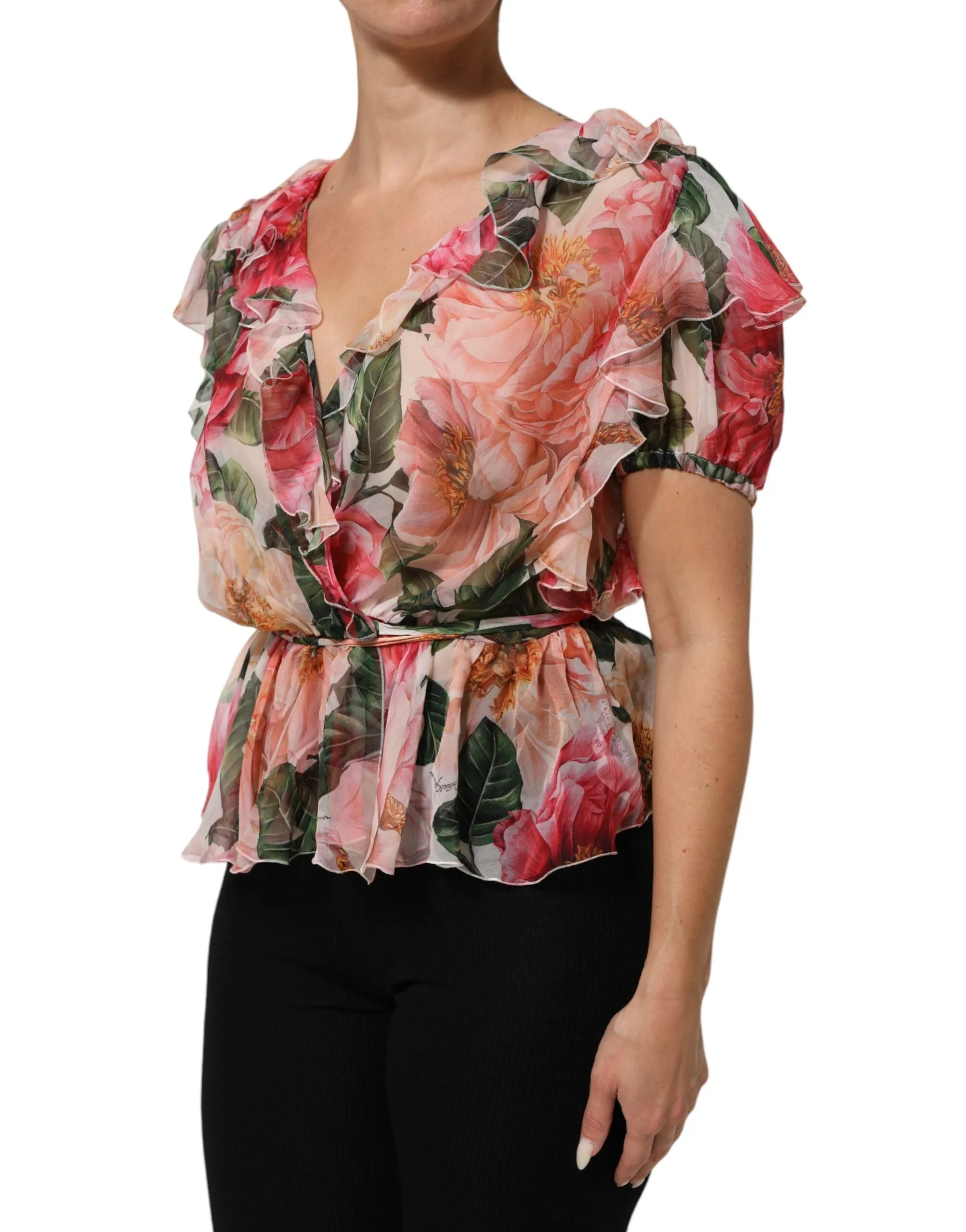 Dolce & Gabbana Pink Camellias Printed Silk V-neck Blouse Top sold by Siebentaschen product image thumbnail 3
