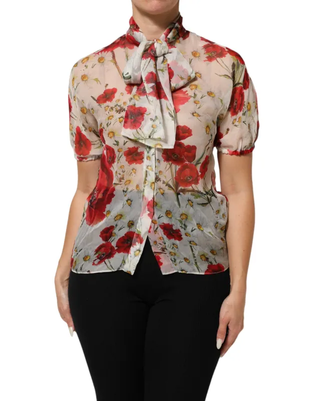 Dolce & Gabbana White Floral Tie-Neck Poppy Print Blouse Top sold by Siebentaschen