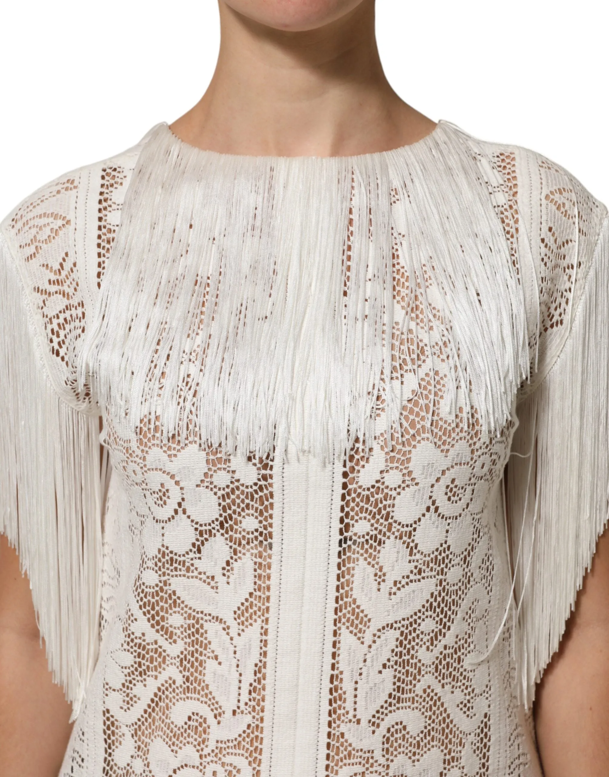 Dolce & Gabbana White Floral Lace Fringe Knee Length Dress sold by Siebentaschen product image thumbnail 5