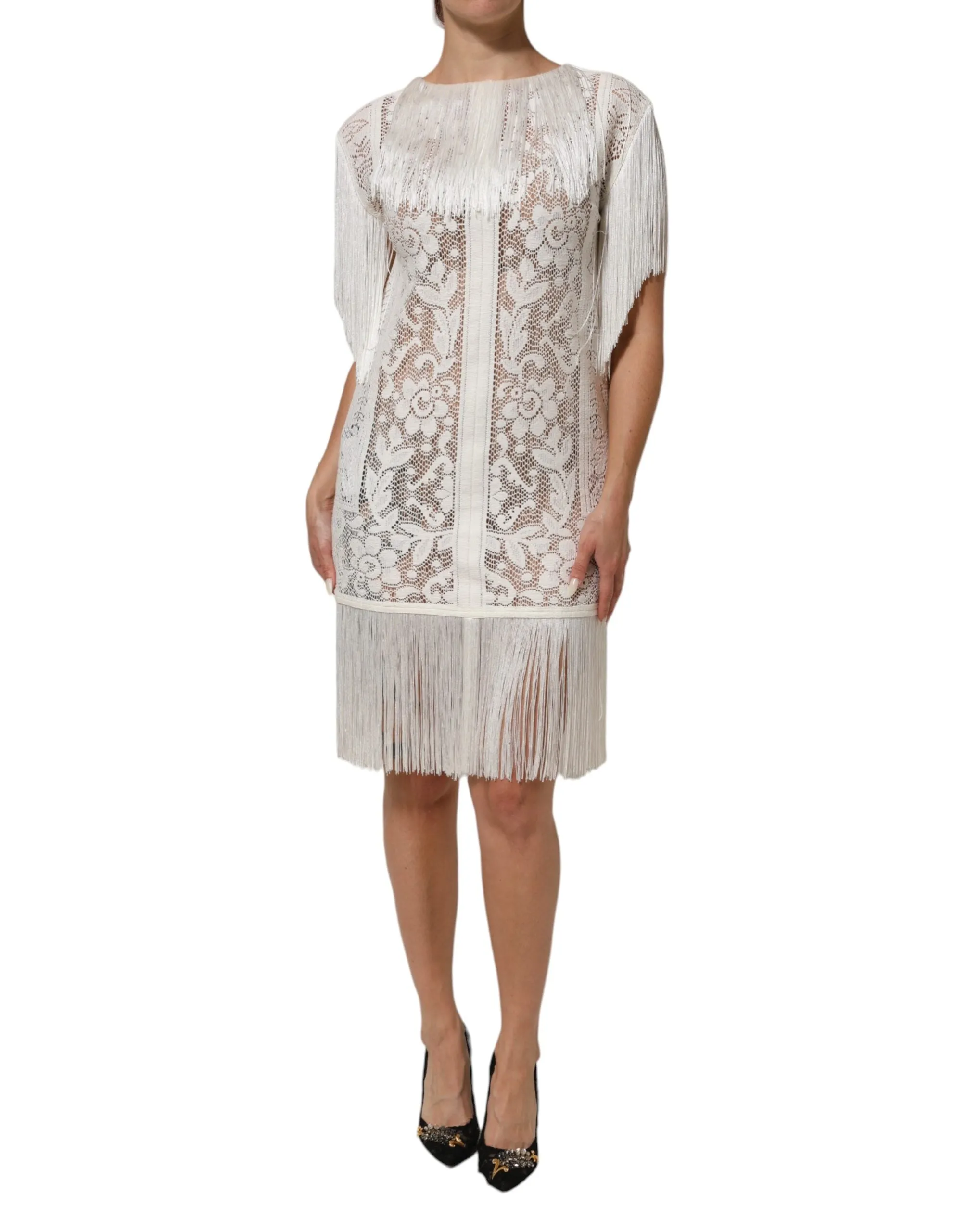 Dolce & Gabbana White Floral Lace Fringe Knee Length Dress sold by Siebentaschen product image thumbnail 2