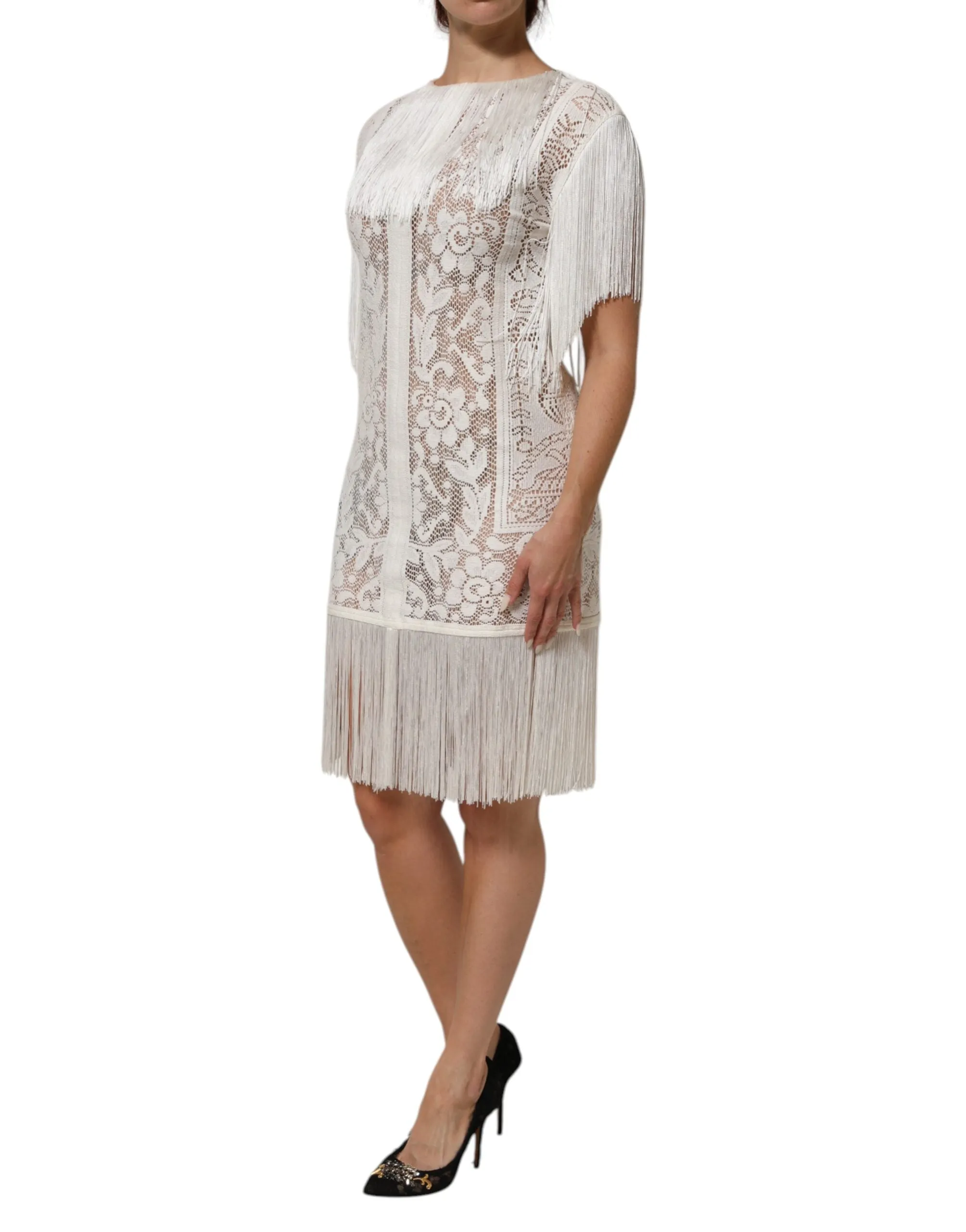 Dolce & Gabbana White Floral Lace Fringe Knee Length Dress sold by Siebentaschen product image thumbnail 3