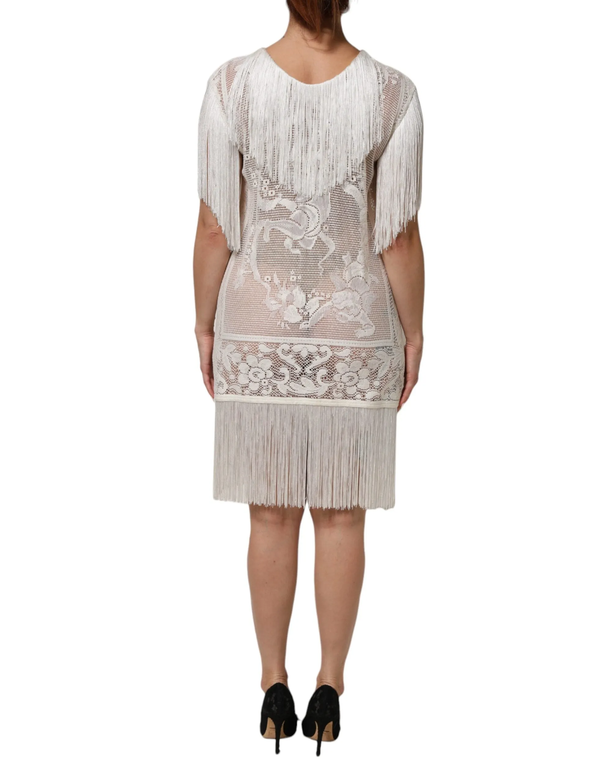 Dolce & Gabbana White Floral Lace Fringe Knee Length Dress sold by Siebentaschen product image thumbnail 4