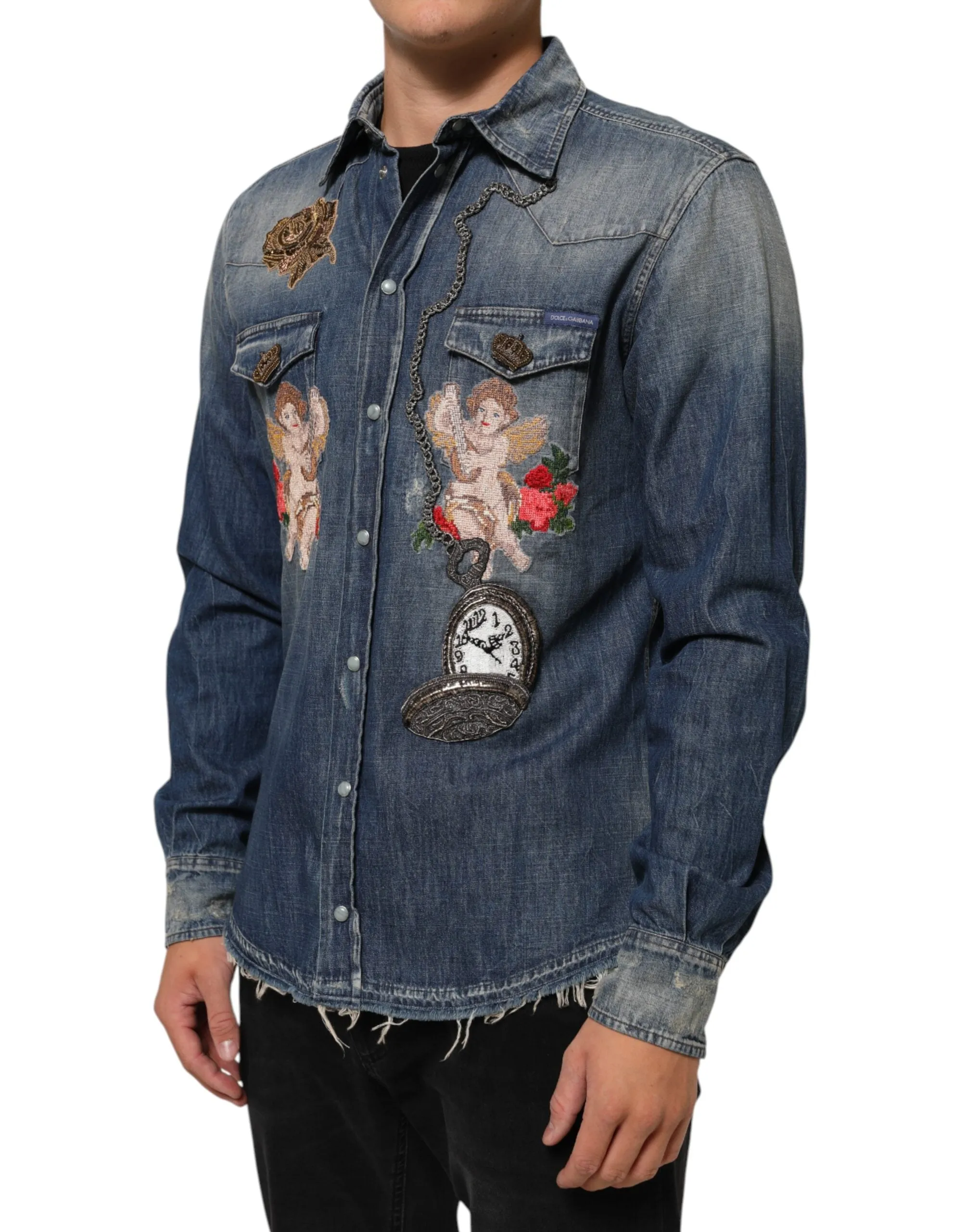 Dolce & Gabbana Blue Angel Patch Denim Buttoned Down Men Shirt sold by Siebentaschen product image thumbnail 3