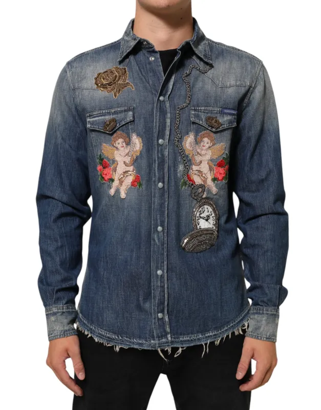 Dolce & Gabbana Blue Angel Patch Denim Buttoned Down Men Shirt sold by Siebentaschen