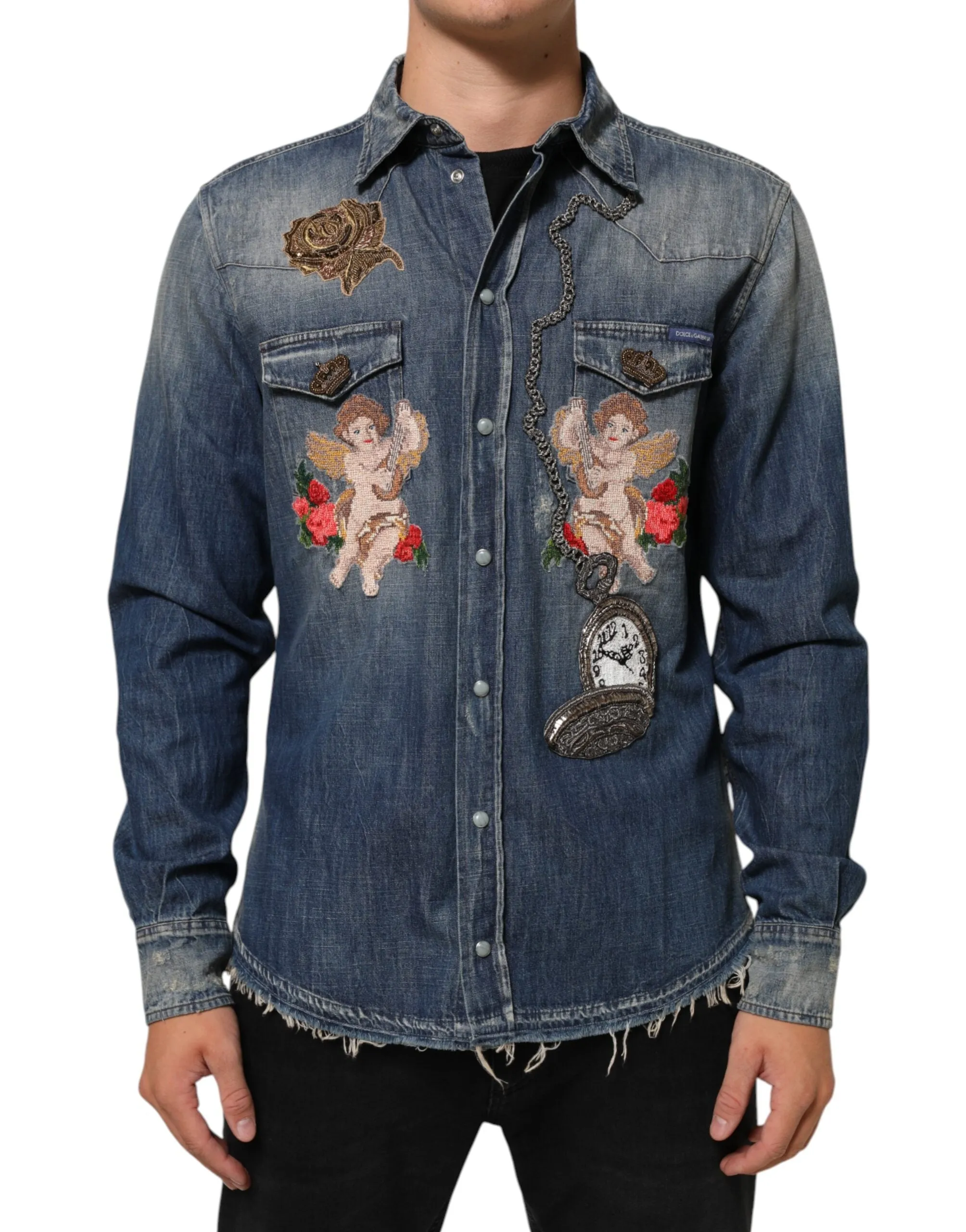Dolce & Gabbana Blue Angel Patch Denim Buttoned Down Men Shirt sold by Siebentaschen product image thumbnail 2