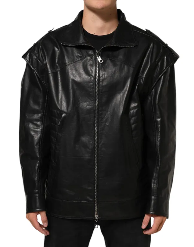 Dolce & Gabbana Black Leather Full Zip Biker Blouson Jacket sold by Siebentaschen