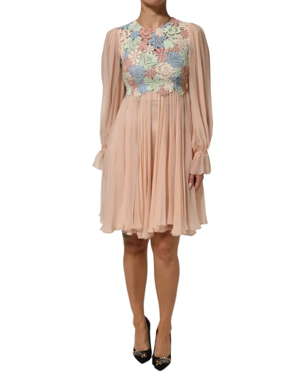 Dolce & Gabbana Pink Floral Embroidery Pleated A-line Dress sold by Siebentaschen