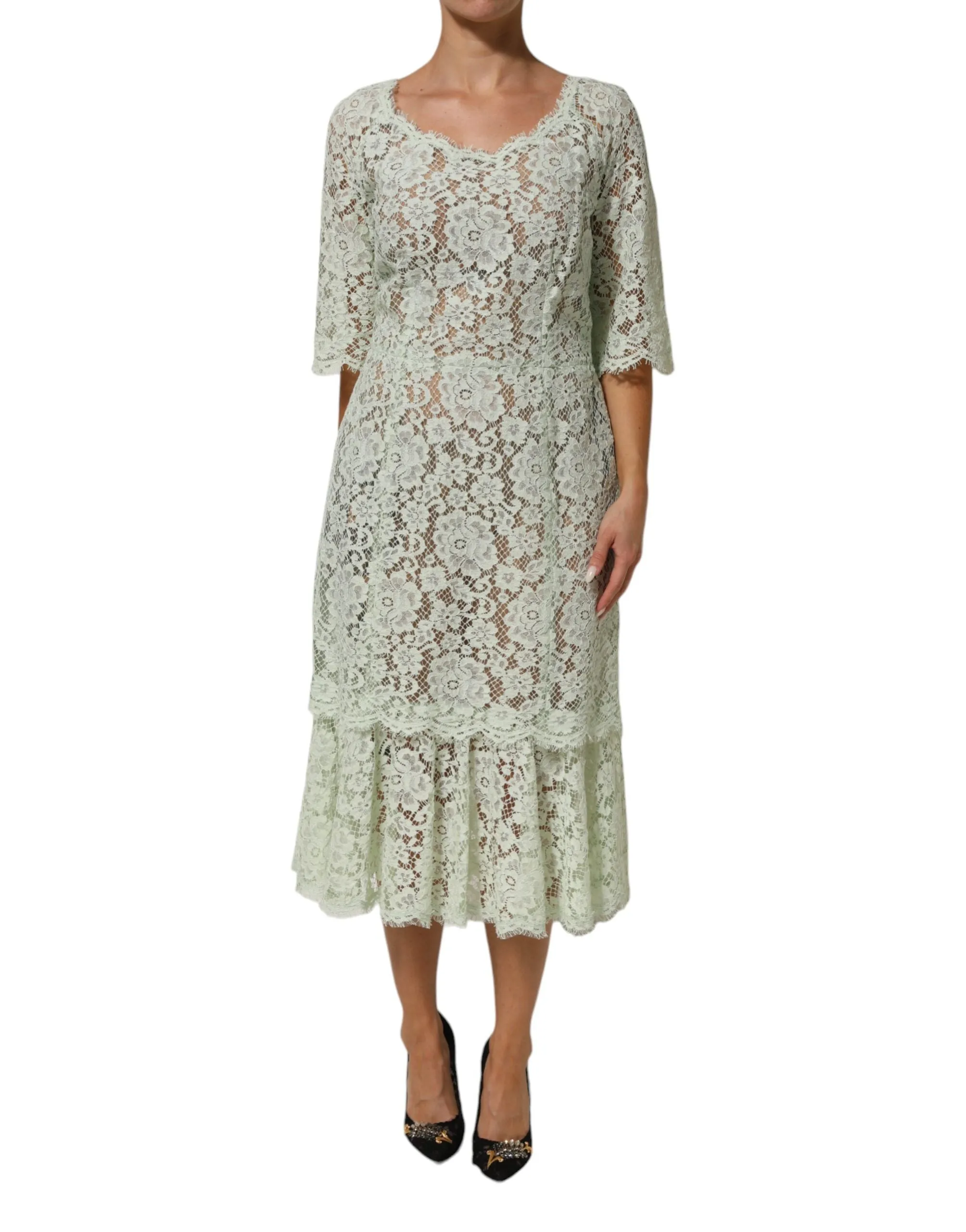 Dolce & Gabbana Mint Green Floral Lace Trim Midi Dress sold by Siebentaschen product image thumbnail 2