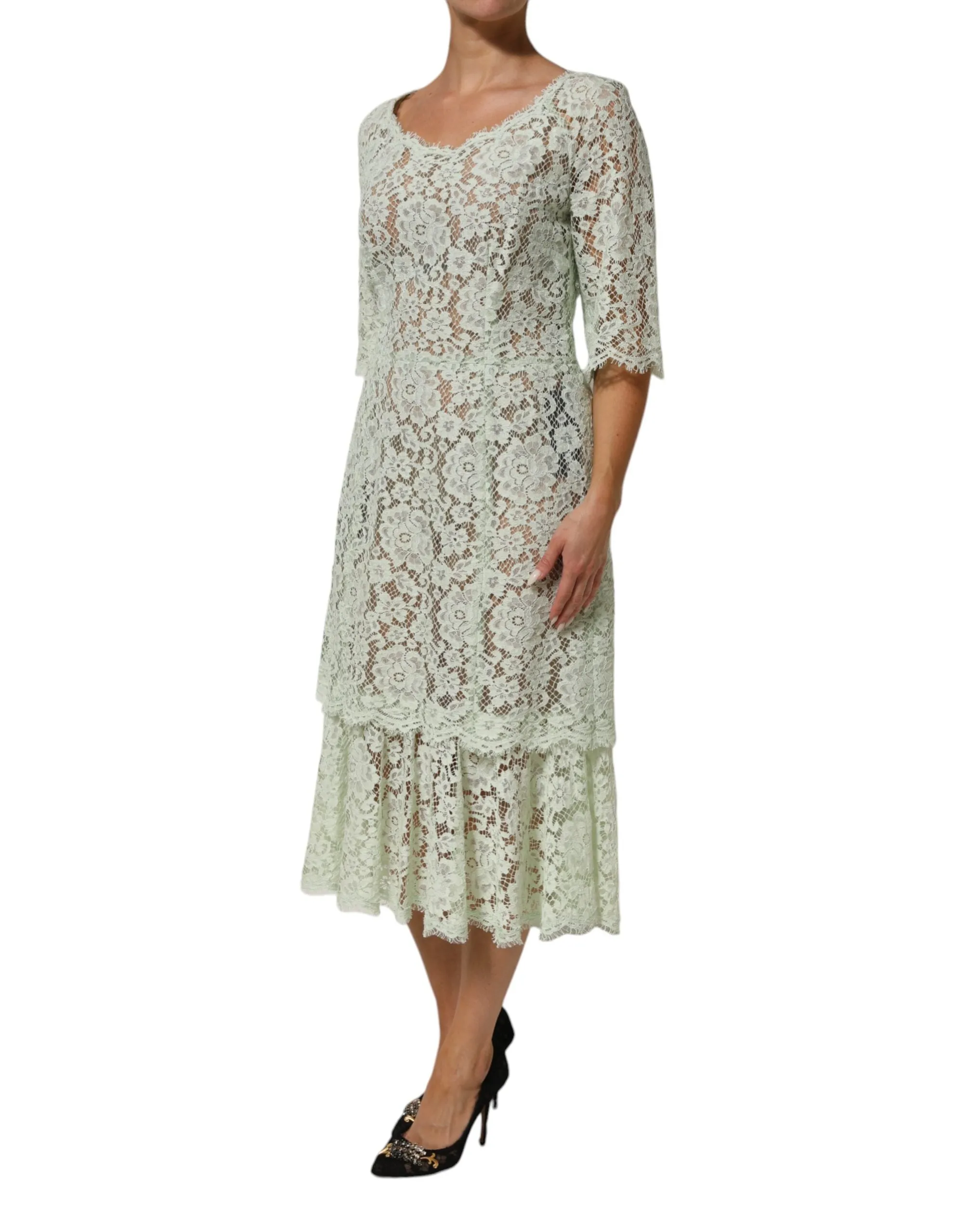 Dolce & Gabbana Mint Green Floral Lace Trim Midi Dress sold by Siebentaschen product image thumbnail 3