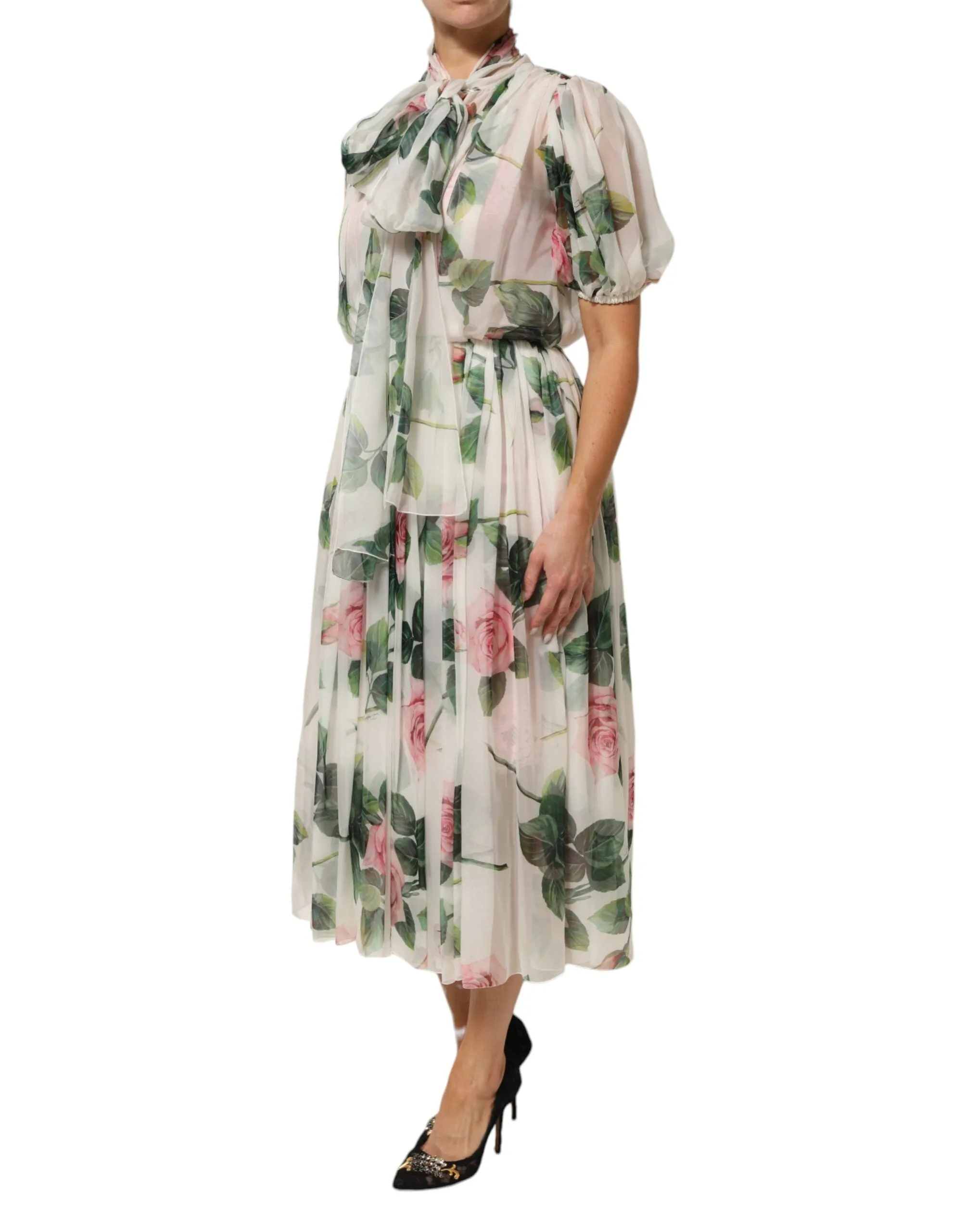 Dolce & Gabbana White Floral Print Silk Pleated Midi Dress sold by Siebentaschen product image thumbnail 3