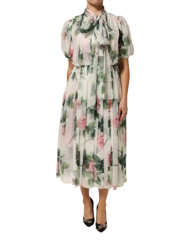 Dolce & Gabbana White Floral Print Silk Pleated Midi Dress sold by Siebentaschen